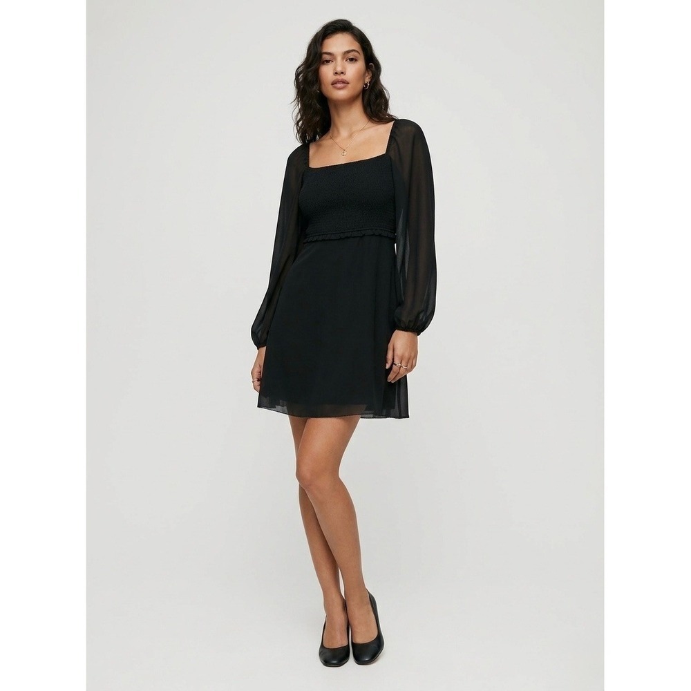 Wilfred Aritzia Black Smocked Mini Dress Long Sheer Sleeve Square Neck 82986 0